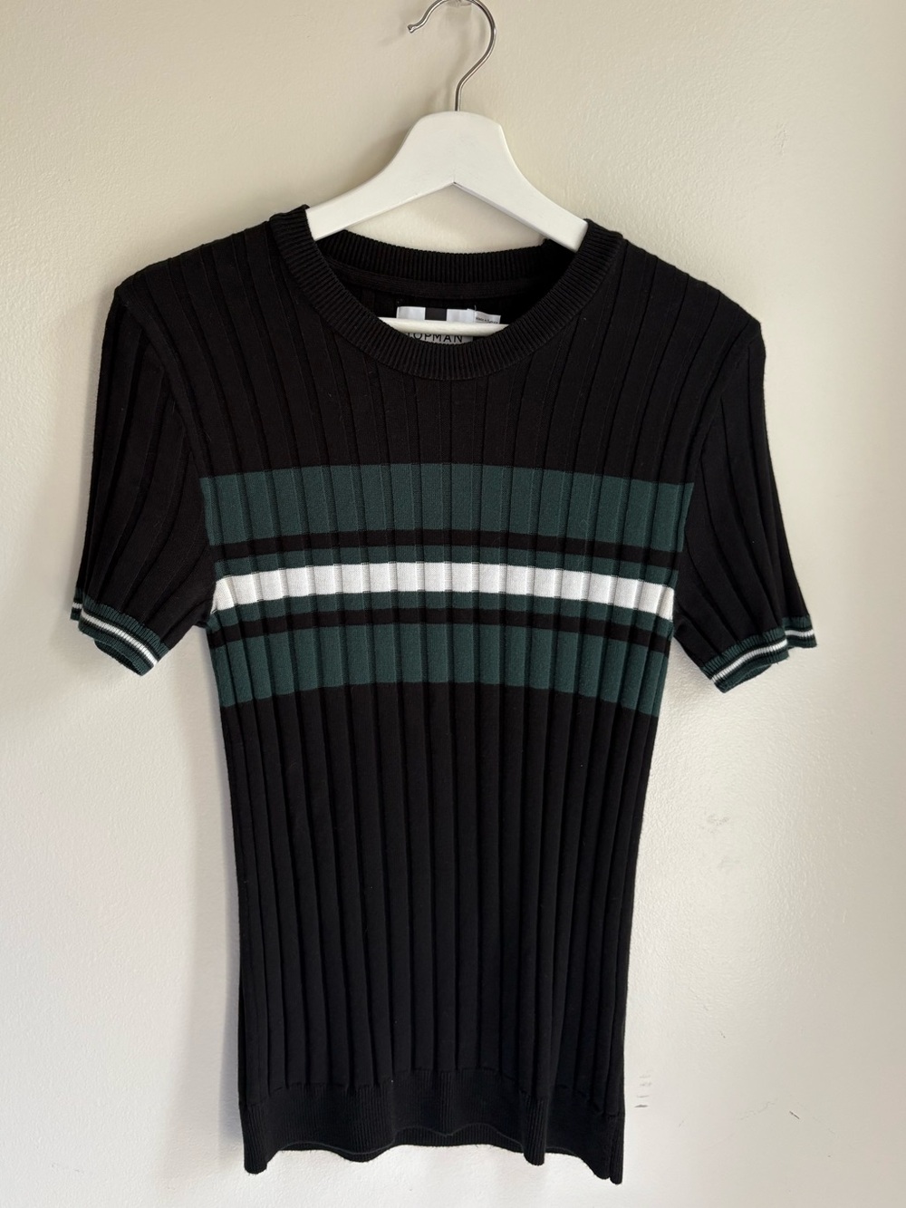 Topman Black Crewneck Short-Sleeve Sweater with Green & White Stripes